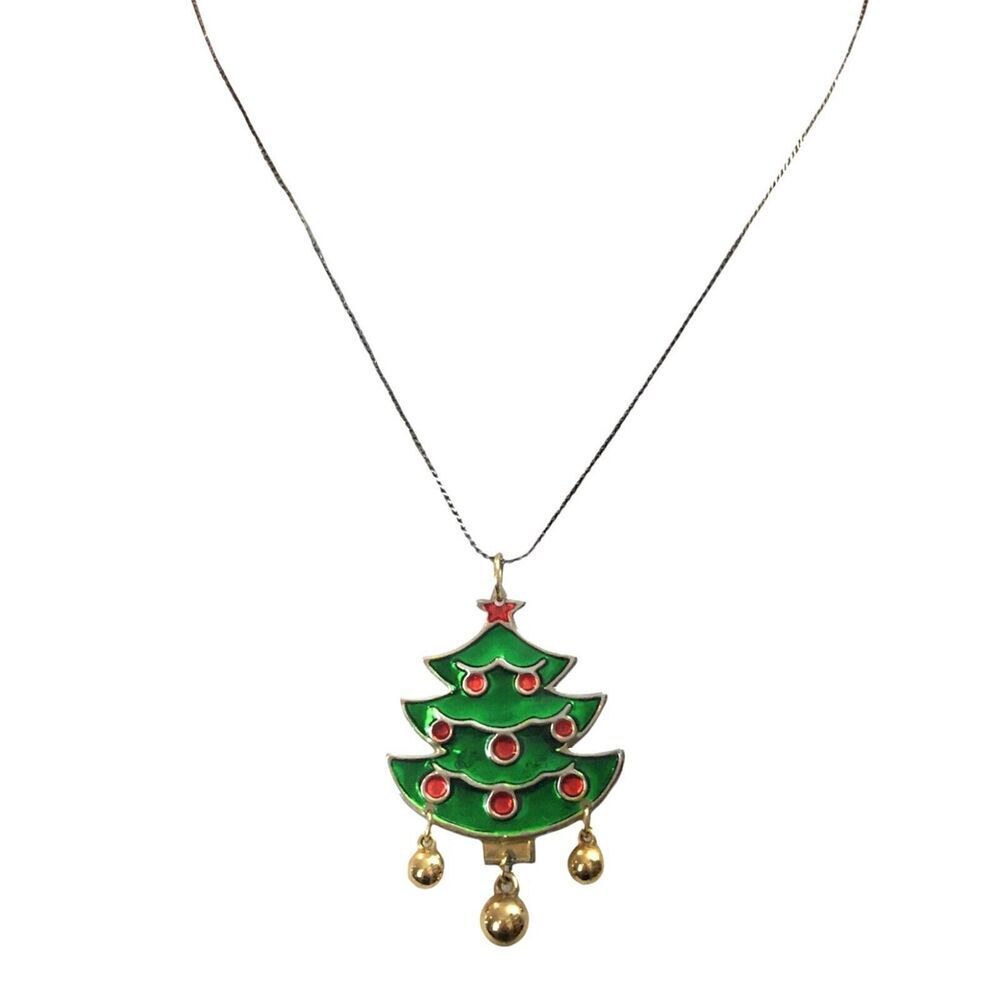 Silver Color 17.5in Christmas Necklace Gold Tone Jingle Bells Green Tree Pendant